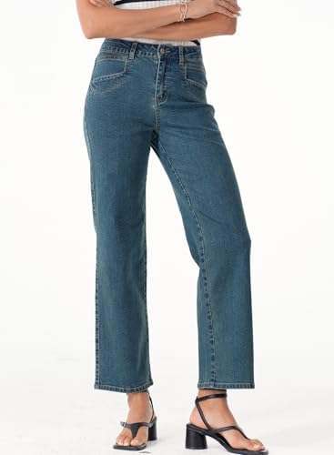 Sidefeel Women's Straight Leg Jeans High Waisted Stretchy Jeans Zimbaplatinum Wide Leg Ankle Denim Pants with Pockets