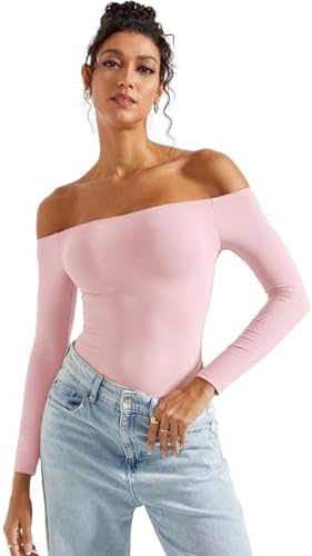 SUUKSESS Women Off Shoulder Long Sleeve Bodysuits Double Lined Basic Tops