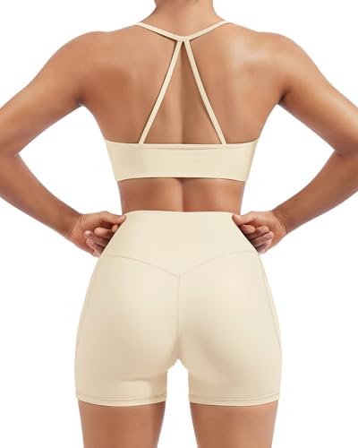 SUUKSESS Women 2 Piece Workout Sets Padded Halter Sports Bras High Waisted Biker Shorts with Pockets