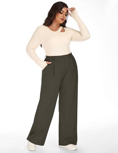 1X-5X Plus Size Wide Leg Dress Pants Women Pull On Stretchy Work Pants