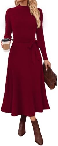 OFEEFAN Long Sleeve Dress Mock Neck Tie Waist Ribbed Knit Midi Dresses Fall Outfits