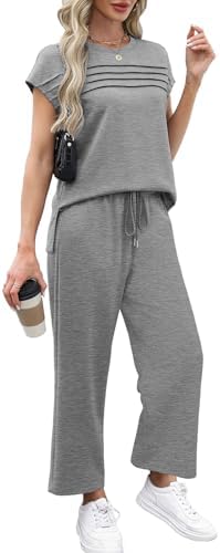 WIHOLL Two Piece Sets for Women Summer Spring Travel Vacation Outfits Cap Sleeve Lounge Matching Sets Wide Leg Pants S-3XL