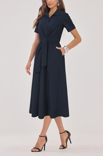 Newshows Women's Work Business Casual Outfits Tie Waist Midi Shirt Dress