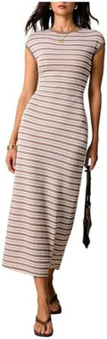 SOLY HUX Women's Striped Midi Dress Casual Work Knit Bodycon Summer Dresses