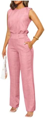 Floerns Women's 2 Piece Sets Dressy Outfits Bussiness casual Crew Neck Sleeveless Blouse and Elegant Pants Set