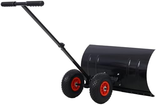 Campfun Snow Shovel with Wheels, 29" Heavy Duty Snow Pusher, Cushioned Adjustable Angle Handle Snow Removal Tool, Snow Plow with Anti-Skid Rubber Wheels for Driveway, Yard, Patio Snow Removal, Black