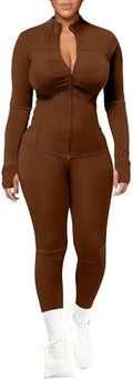 UOUA Womens Workout Set 2 Piece Outfit Bodycon Gym Tracksuit
