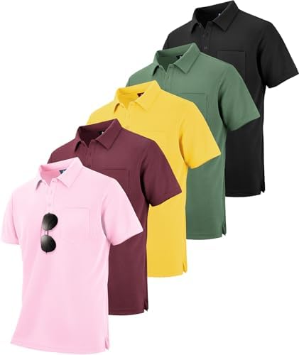 ZITY 5 Pack Polo Shirts for Men with Pocket Dry Quickly Short Sleeve Athletic Outdoor Work Collared Shirts