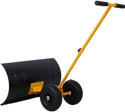 Campfun Snow Shovel with Wheels, 29" Heavy Duty Snow Pusher, Cushioned Adjustable Angle Handle Snow Removal Tool, Snow Plow with Anti-Skid Rubber Wheels for Driveway, Yard, Patio Snow Removal, Yellow