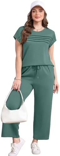 WIHOLL Two Piece Sets for Women Summer Spring Travel Vacation Outfits Cap Sleeve Lounge Matching Sets Wide Leg Pants S-3XL