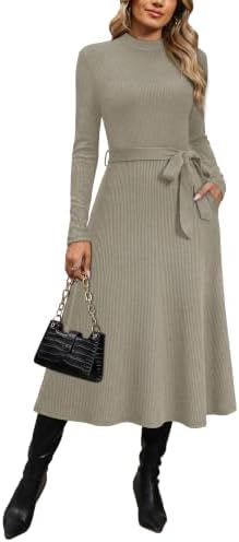 OFEEFAN Long Sleeve Dress Mock Neck Tie Waist Ribbed Knit Midi Dresses Fall Outfits