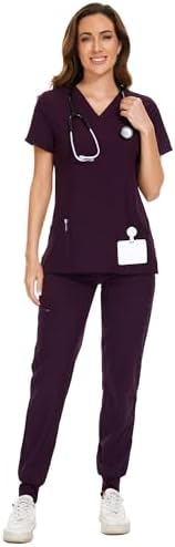 COZYFIT Scrubs for Women Set - Stretch V-Neck & Jogger Pant with 9 Pockets