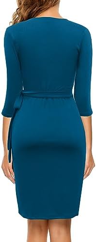 Berydress Women's 3/4 Sleeve V Neck Casual Party Work Faux Black Wrap Dress