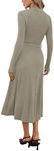 OFEEFAN Long Sleeve Dress Mock Neck Tie Waist Ribbed Knit Midi Dresses Fall Outfits