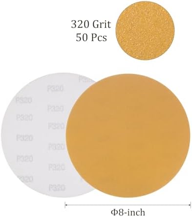 50pcs No Hole Sanding Discs- [ 8 Inch 320 Grit ] Round Hook and Loop Grip Sanding Pads Sheet Sandpaper for Automotive Woodworking Metal Polishing Use| Gold, Aluminum Oxide