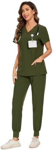 COZYFIT Scrubs for Women Set - Stretch V-Neck & Jogger Pant with 9 Pockets