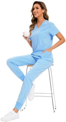 COZYFIT Scrubs for Women Set - Stretch V-Neck & Jogger Pant with 9 Pockets