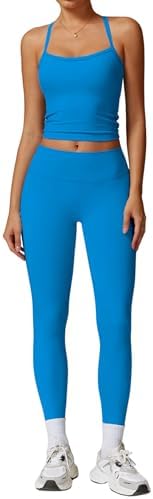 QBGJTD Womens Workout Sets Two Piece Cross Back Tank Top Matching High Waist Leggings Sets Gym Outfits Work Out Clothes