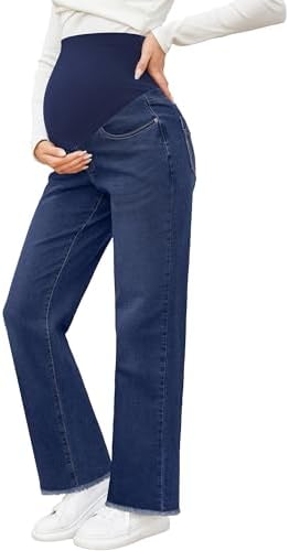 fitglam Women's Maternity Jeans Straight Leg Relaxed Fit Over Belly Pregnancy Denim Work Pants Maternity Clothes with Pockets