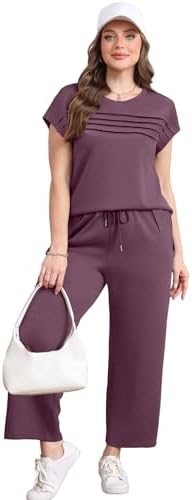 WIHOLL Two Piece Sets for Women Summer Spring Travel Vacation Outfits Cap Sleeve Lounge Matching Sets Wide Leg Pants S-3XL