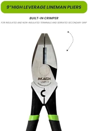 MADI 9" High Leverage Lineman Pliers with Built-in Crimper and Dual Gripping Surfaces - Versatile Power Tool for Utility and Electrical Professionals | LMP-1