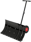 29" Snow Pusher Shovel with Wheels, Heavy Duty Steel Wheeled Snow Shovel with 45° Adjustable Blade, 5-Position Height Handle & 10" Rubber Wheels, Manual Snow Plow for Driveway, Sidewalk, Deck,
