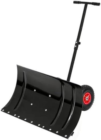 29" Snow Pusher Shovel with Wheels, Heavy Duty Steel Wheeled Snow Shovel with 45° Adjustable Blade, 5-Position Height Handle & 10" Rubber Wheels, Manual Snow Plow for Driveway, Sidewalk, Deck,