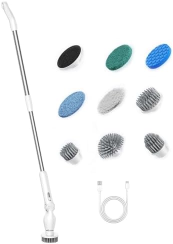 9-in-1 Electric Spin Scrubber with 9 Brush Heads Cordless Cleaning Brush Scrubber Adjustable Angle IPX5 LED Digital Display Screen Shower Cleaning Brush for Home Bathroom Kitchen (White)
