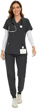 COZYFIT Scrubs for Women Set - Stretch V-Neck & Jogger Pant with 9 Pockets