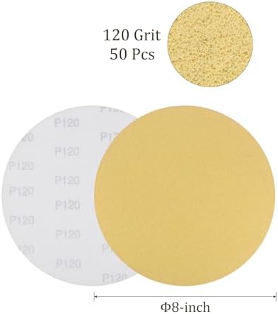 50pcs No Hole Sanding Discs- [ 8 Inch 120 Grit ] Round Hook and Loop Grip Sanding Pads Sheet Sandpaper for Automotive Woodworking Metal Polishing Use| Gold, Aluminum Oxide