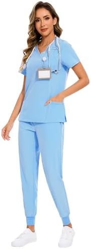 COZYFIT Scrubs for Women Set - Stretch V-Neck & Jogger Pant with 9 Pockets