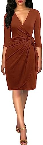 Berydress Women's 3/4 Sleeve V Neck Casual Party Work Faux Black Wrap Dress