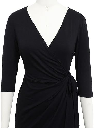Berydress Women's 3/4 Sleeve V Neck Casual Party Work Faux Black Wrap Dress