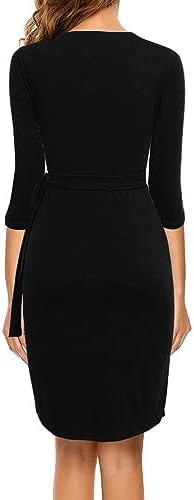 Berydress Women's 3/4 Sleeve V Neck Casual Party Work Faux Black Wrap Dress