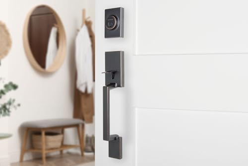 BRINKS Contemporary Keyed Entry Door Handleset with Lever and Deadbolt, Modern Front Door Lock Set, Easy Install, Pick-Resistant (Flat Lever, Tuscan Bronze)