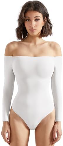 SUUKSESS Women Off Shoulder Long Sleeve Bodysuits Double Lined Basic Tops