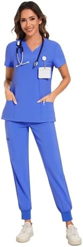 COZYFIT Scrubs for Women Set - Stretch V-Neck & Jogger Pant with 9 Pockets