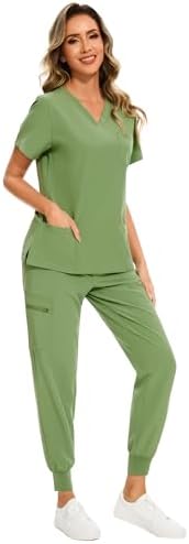 COZYFIT Scrubs for Women Set - Stretch V-Neck & Jogger Pant with 9 Pockets