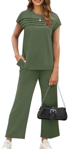 WIHOLL Two Piece Sets for Women Summer Spring Travel Vacation Outfits Cap Sleeve Lounge Matching Sets Wide Leg Pants S-3XL