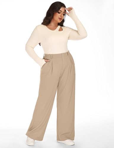 1X-5X Plus Size Wide Leg Dress Pants Women Pull On Stretchy Work Pants