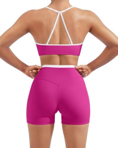 SUUKSESS Women 2 Piece Workout Sets Padded Halter Sports Bras High Waisted Biker Shorts with Pockets