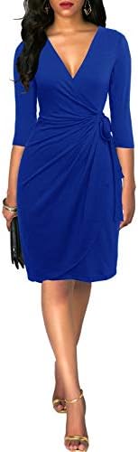 Berydress Women's 3/4 Sleeve V Neck Casual Party Work Faux Black Wrap Dress
