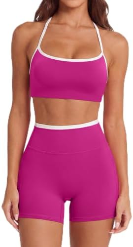 SUUKSESS Women 2 Piece Workout Sets Padded Halter Sports Bras High Waisted Biker Shorts with Pockets