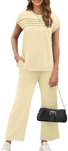 WIHOLL Two Piece Sets for Women Summer Spring Travel Vacation Outfits Cap Sleeve Lounge Matching Sets Wide Leg Pants S-3XL