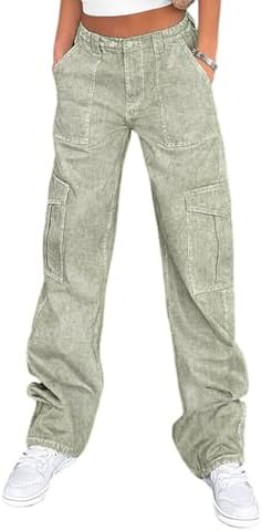 Lepunuo Cargo Pants for Women High Waisted Casual Pants Baggy Stretchy Wide Leg Y2K Streetwear with 6 Pockets