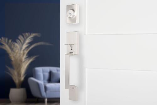 BRINKS Contemporary Keyed Entry Door Handleset with Lever and Deadbolt, Modern Front Door Lock Set, Easy Install, Pick-Resistant (Straight Lever, Satin Nickel)