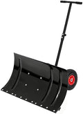 30" Wide Metal Snow Pusher Shovel with 2 Wheels & 15" Blade Adjustable Height & Angle Handle for Driveway, Sidewalk - Ergonomic Double-Rod Design, Heavy-Duty Steel