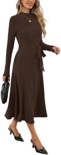 OFEEFAN Long Sleeve Dress Mock Neck Tie Waist Ribbed Knit Midi Dresses Fall Outfits