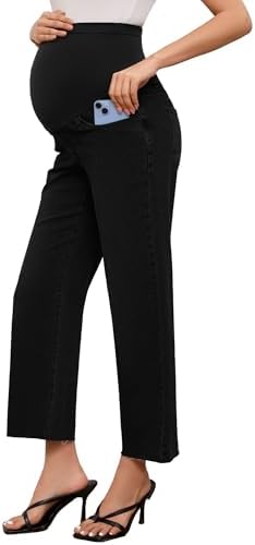 fitglam Women's Maternity Jeans Straight Leg Relaxed Fit Over Belly Pregnancy Denim Work Pants Maternity Clothes with Pockets