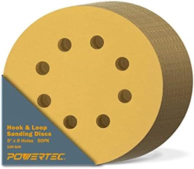 POWERTEC 50 PCS 120 Grit - 5 Inch 8 Hole Hook and Loop Sanding Discs, 5" Sanding Pads for Automotive, Drywall, Woodworking with Orbital Sander, Air, and DA Sander (44012G-50)